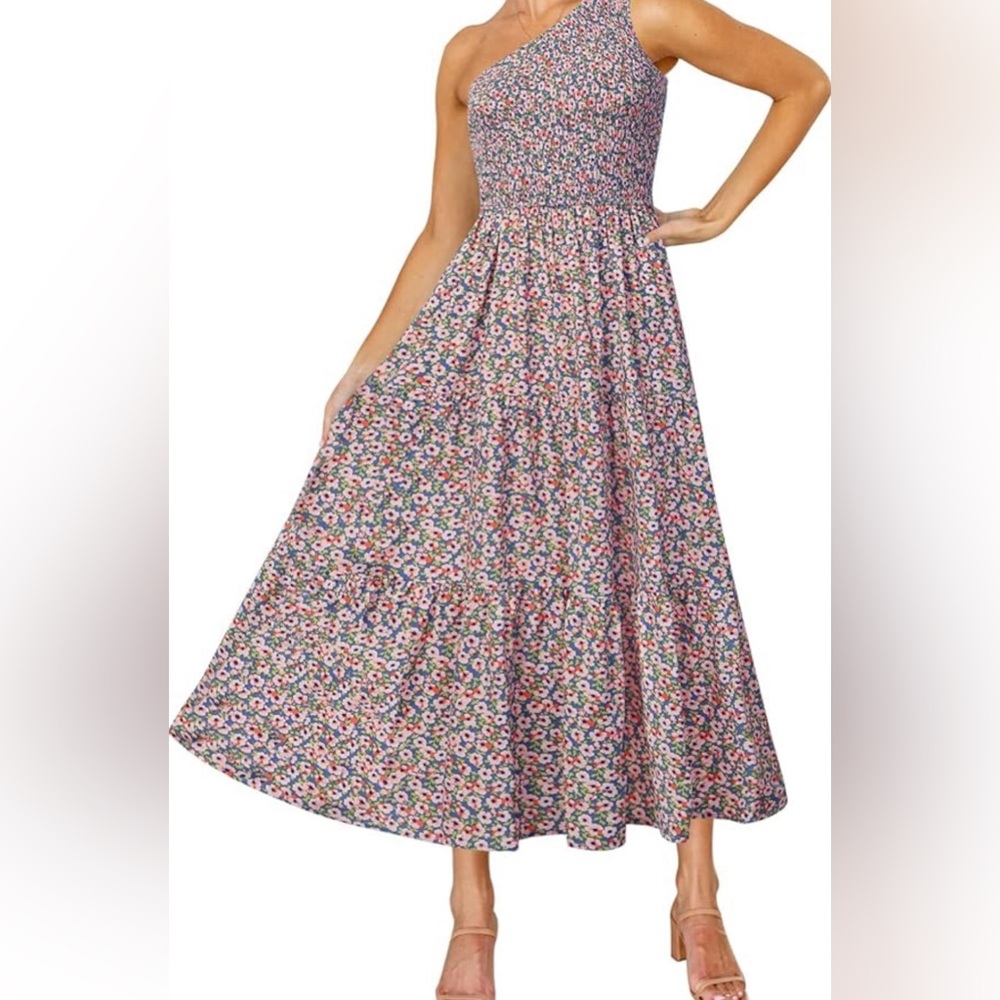 One shoulder floral midi dress